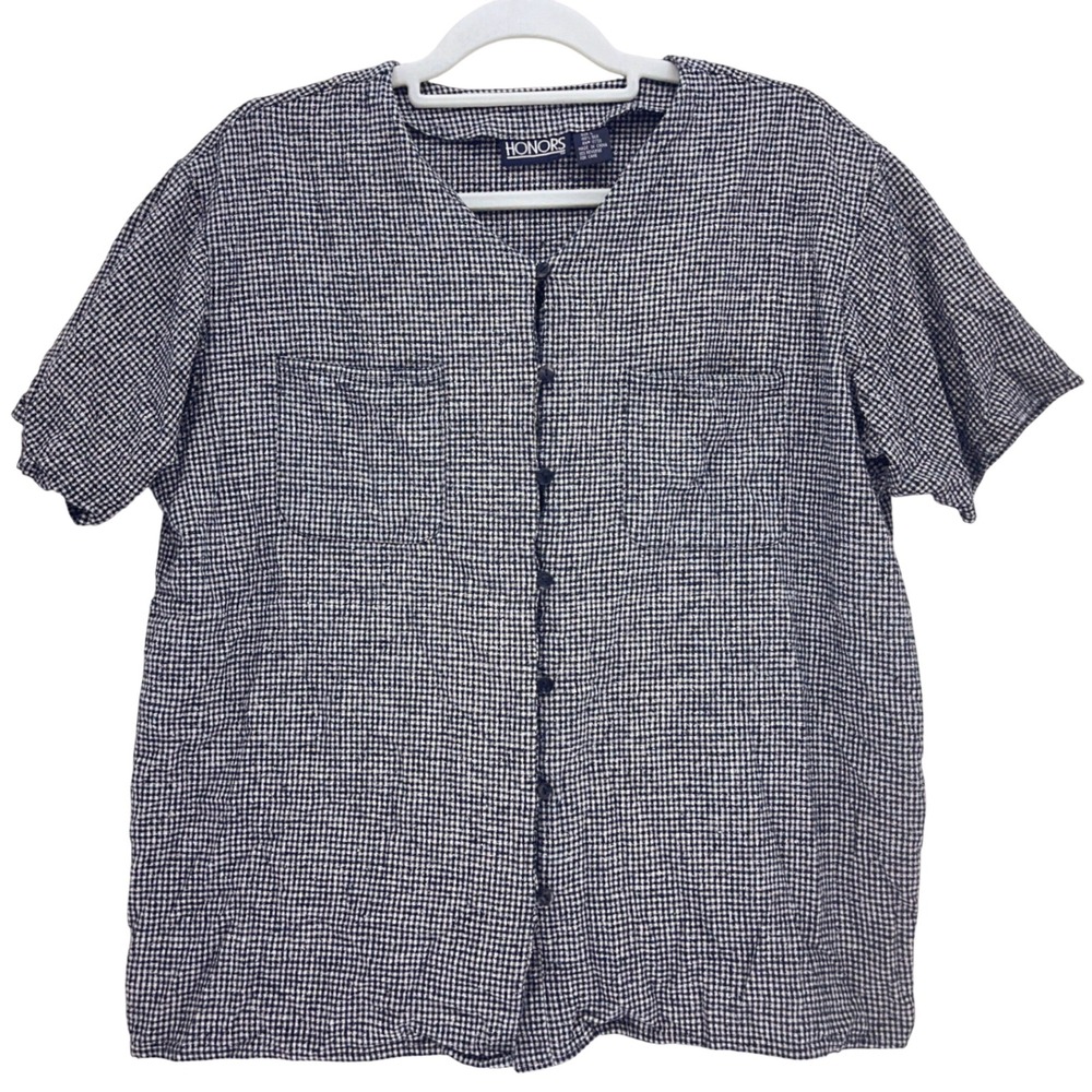 Honors Navy Blue Gingham 100% Silk Button Down Shirt L 90s Short Sleeve Pocket